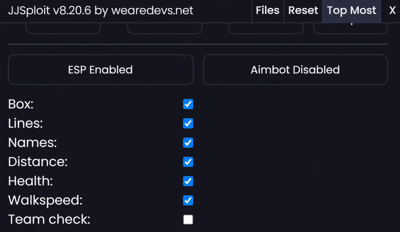 Enhanced reference image of the real JJSploit Windows ESP checkbox settings