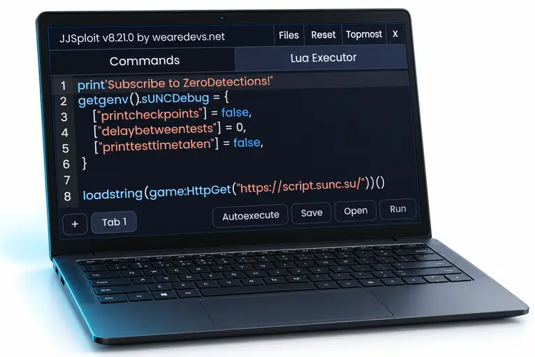 Presentation mockup showing the reference Windows executor Lua Executor on a laptop